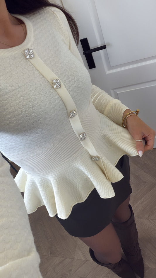 ELIZABETH cream textured jumper with diamante buttons
