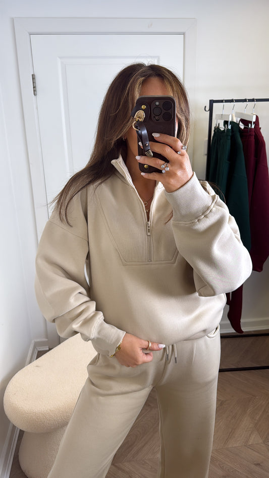 MAYA beige half zip sweatshirt and joggers tracksuit