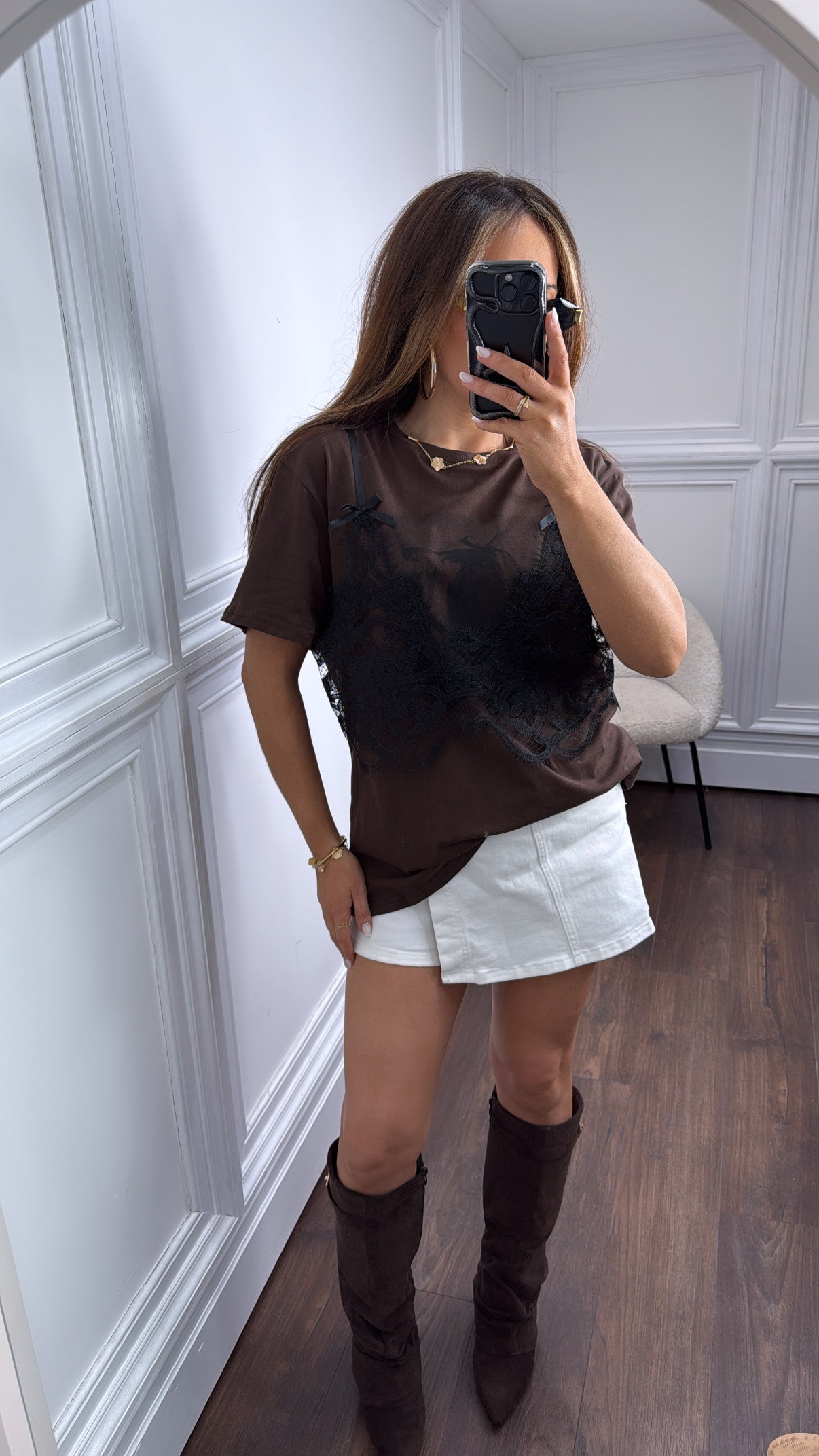OWN THE MOMENT black lace basketball top