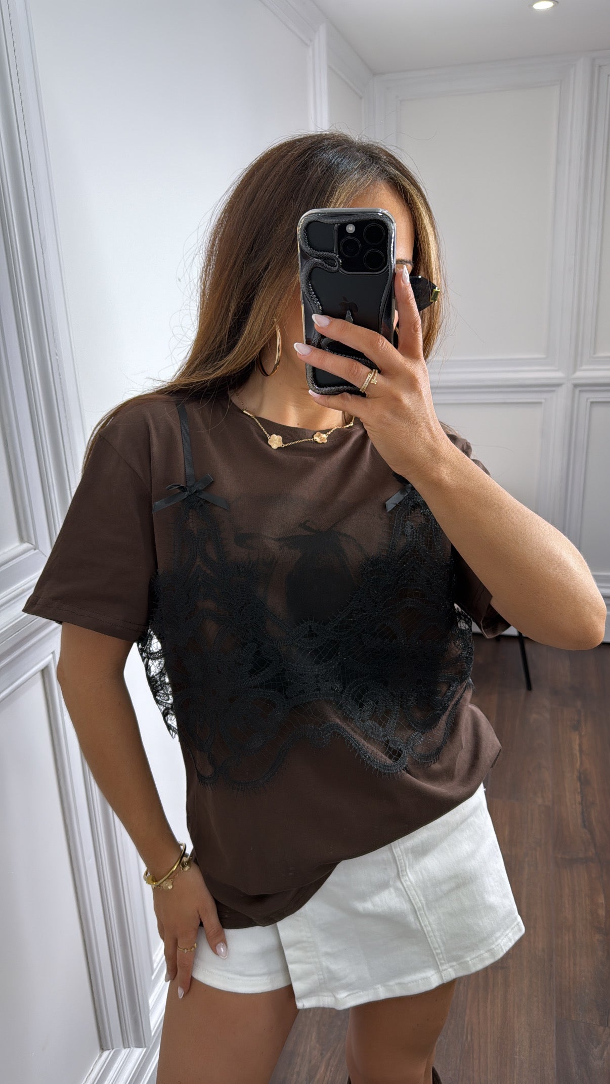 OWN THE MOMENT black lace basketball top