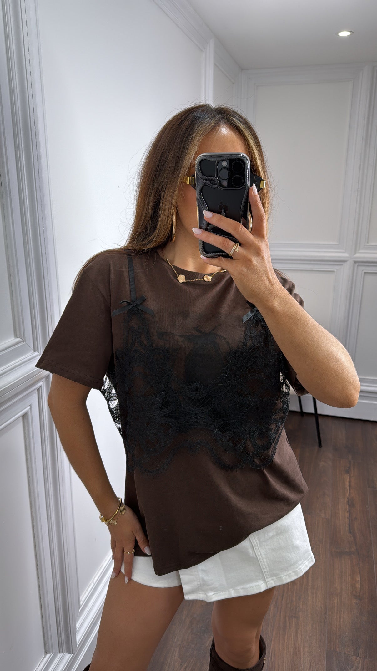 OWN THE MOMENT black lace basketball top