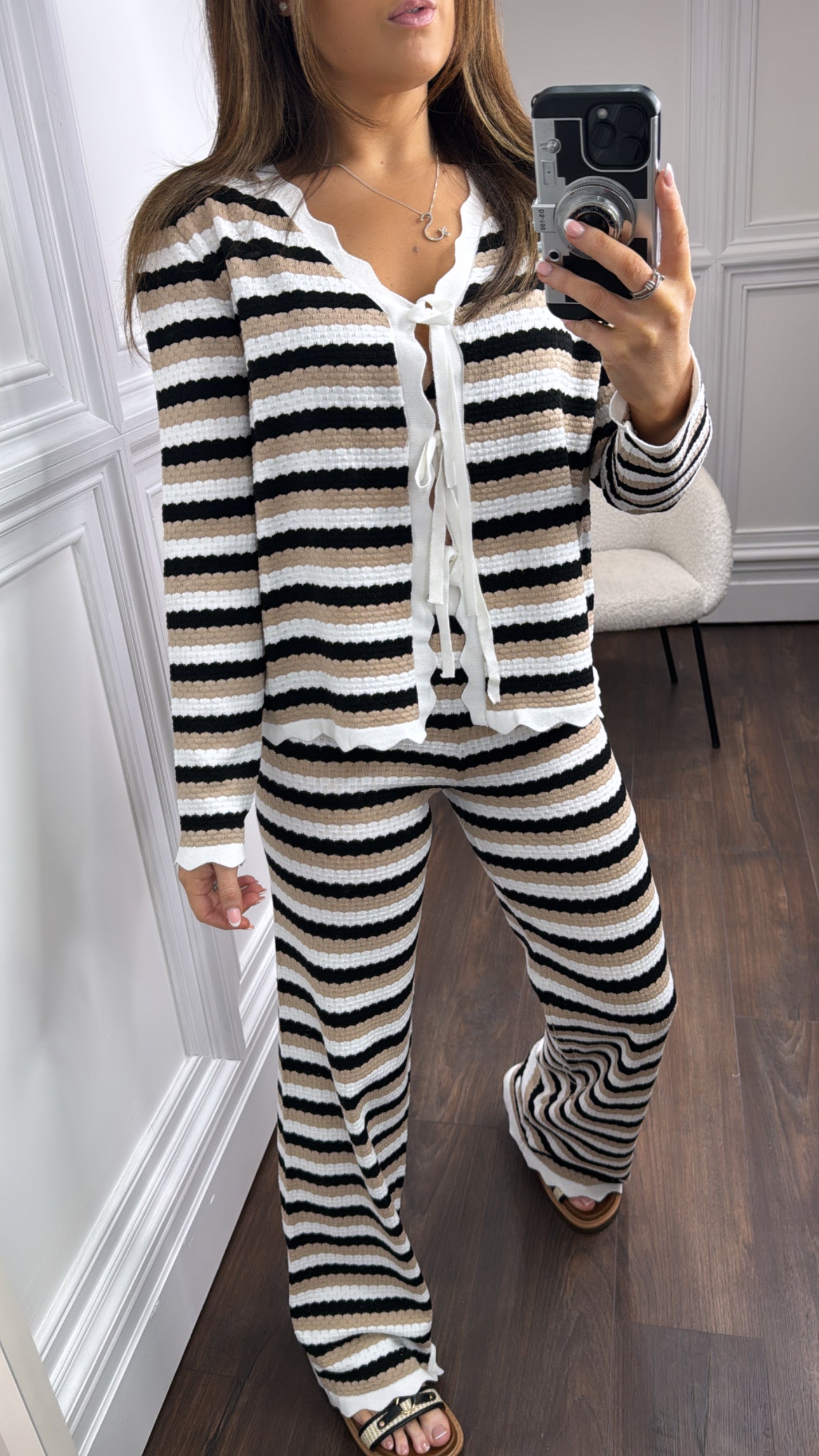 MAISIE black stripe fine knit top and trousers co-ord set