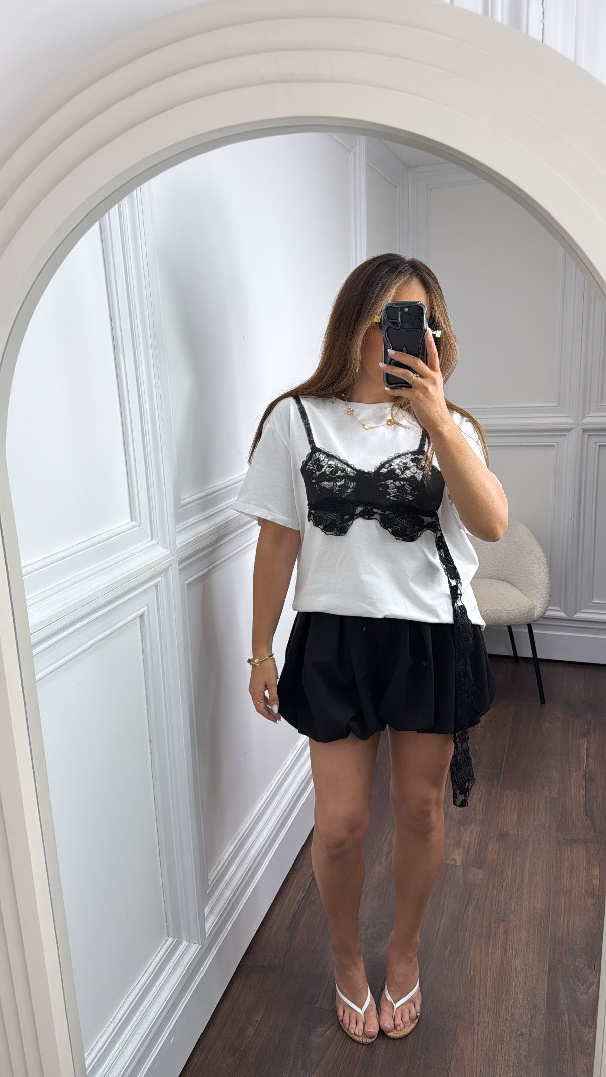 KIMBERLEY white t-shirt with black lace bralet overlay