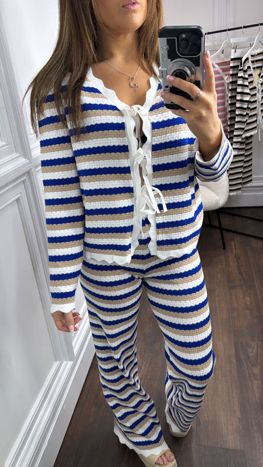 MAISIE blue stripe fine knit top and trousers co-ord set