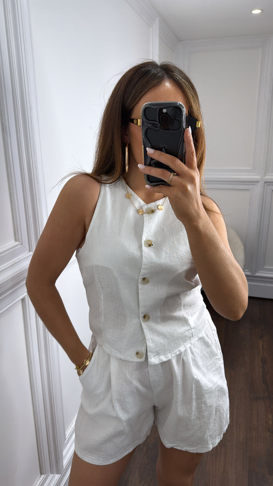 MELANIE white linen look waist jacket and shorts co-ord