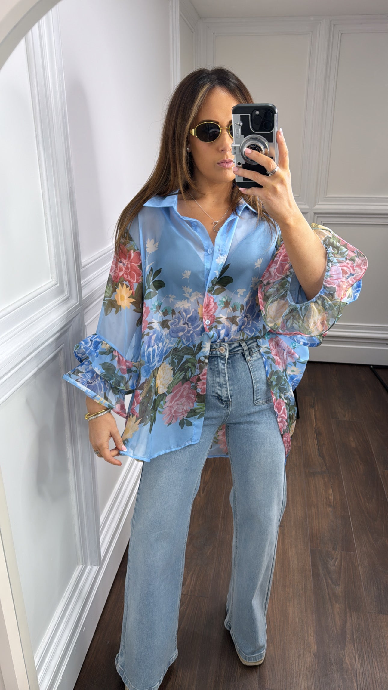 SIENNA blue sheer floral blouse with frill sleeves