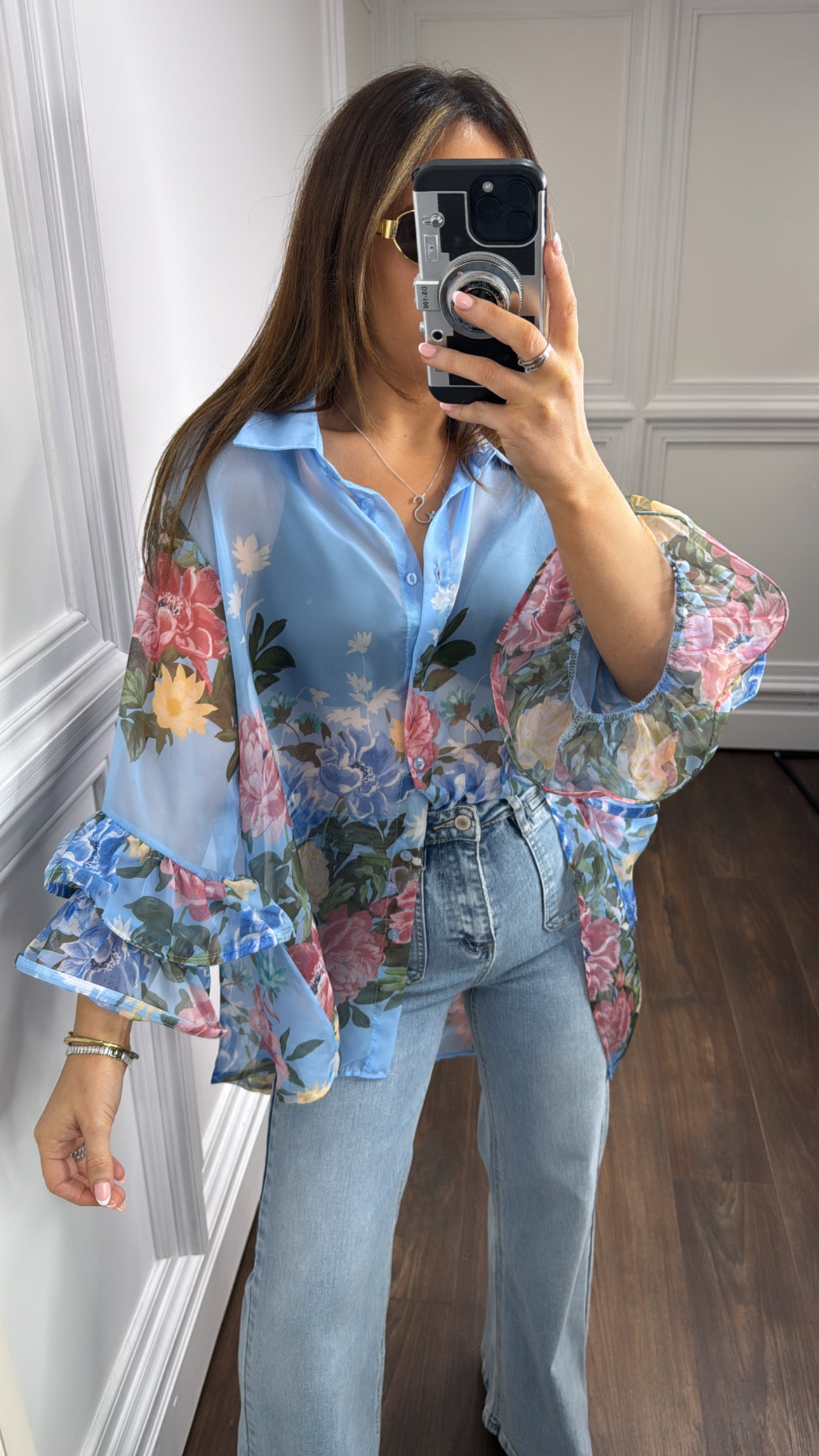 SIENNA blue sheer floral blouse with frill sleeves