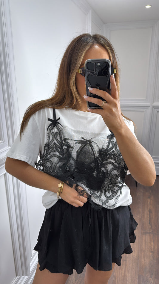 JOANNA white t-shirt with black print and lace detail
