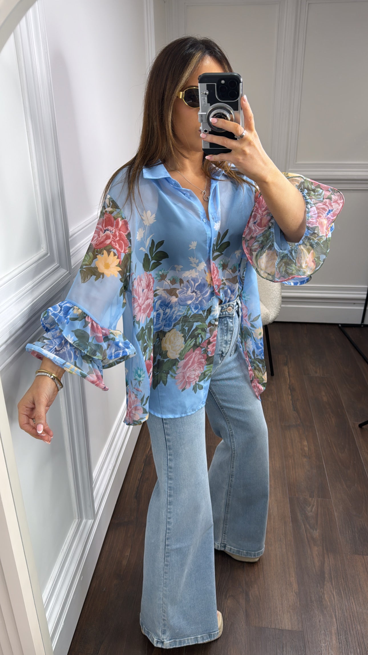 SIENNA blue sheer floral blouse with frill sleeves