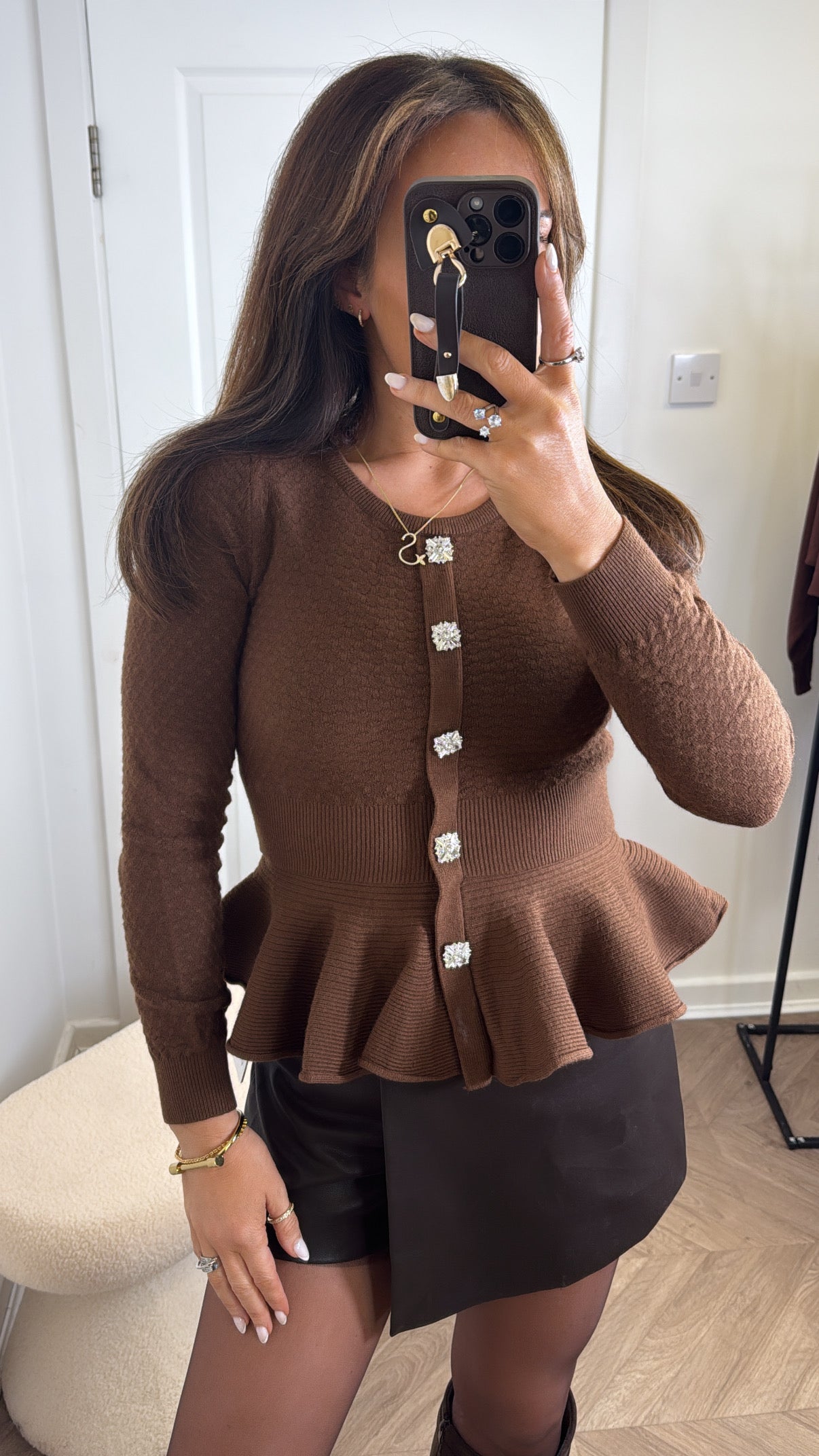 ELIZABETH brown textured jumper with diamante buttons