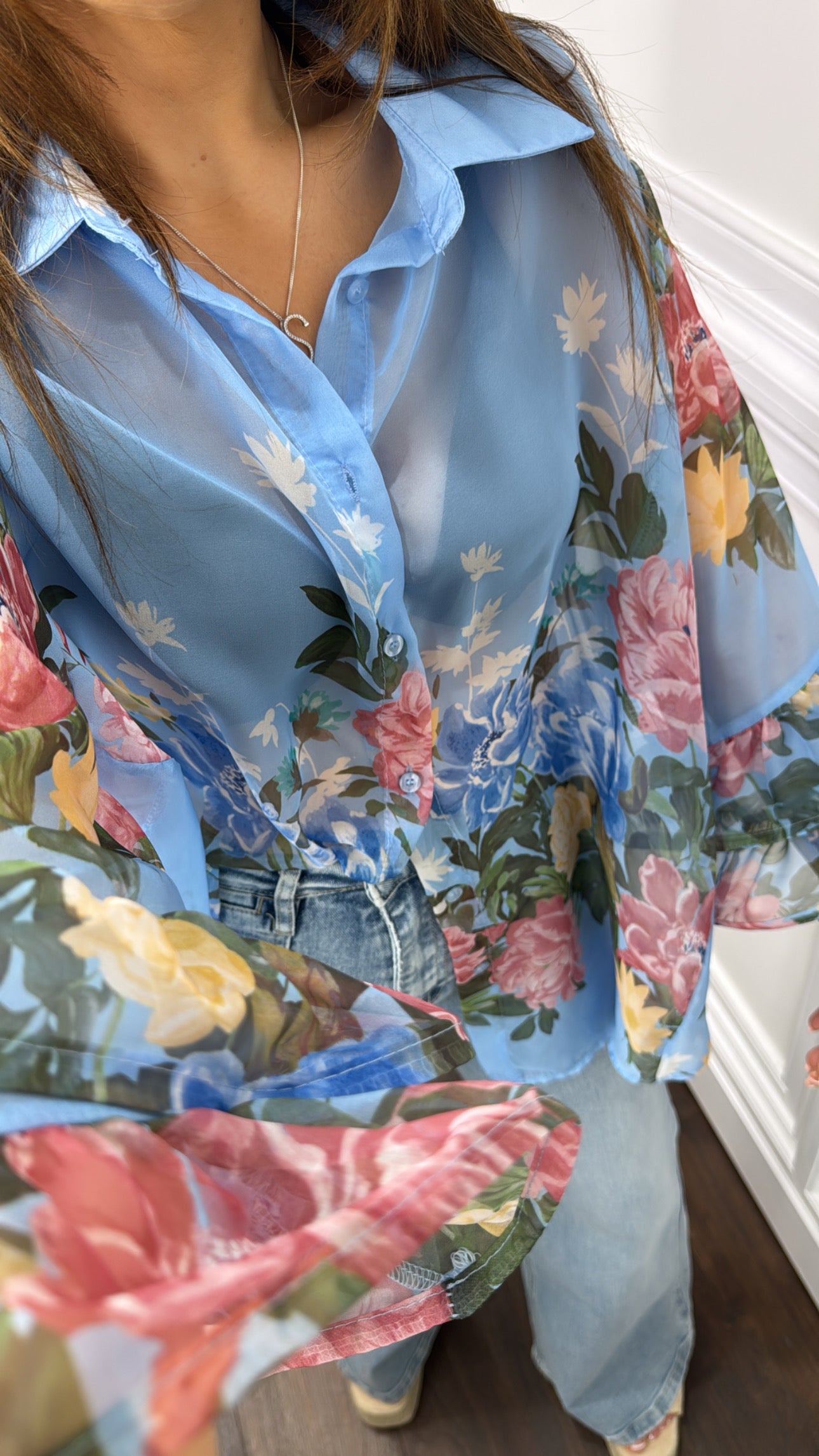 SIENNA blue sheer floral blouse with frill sleeves