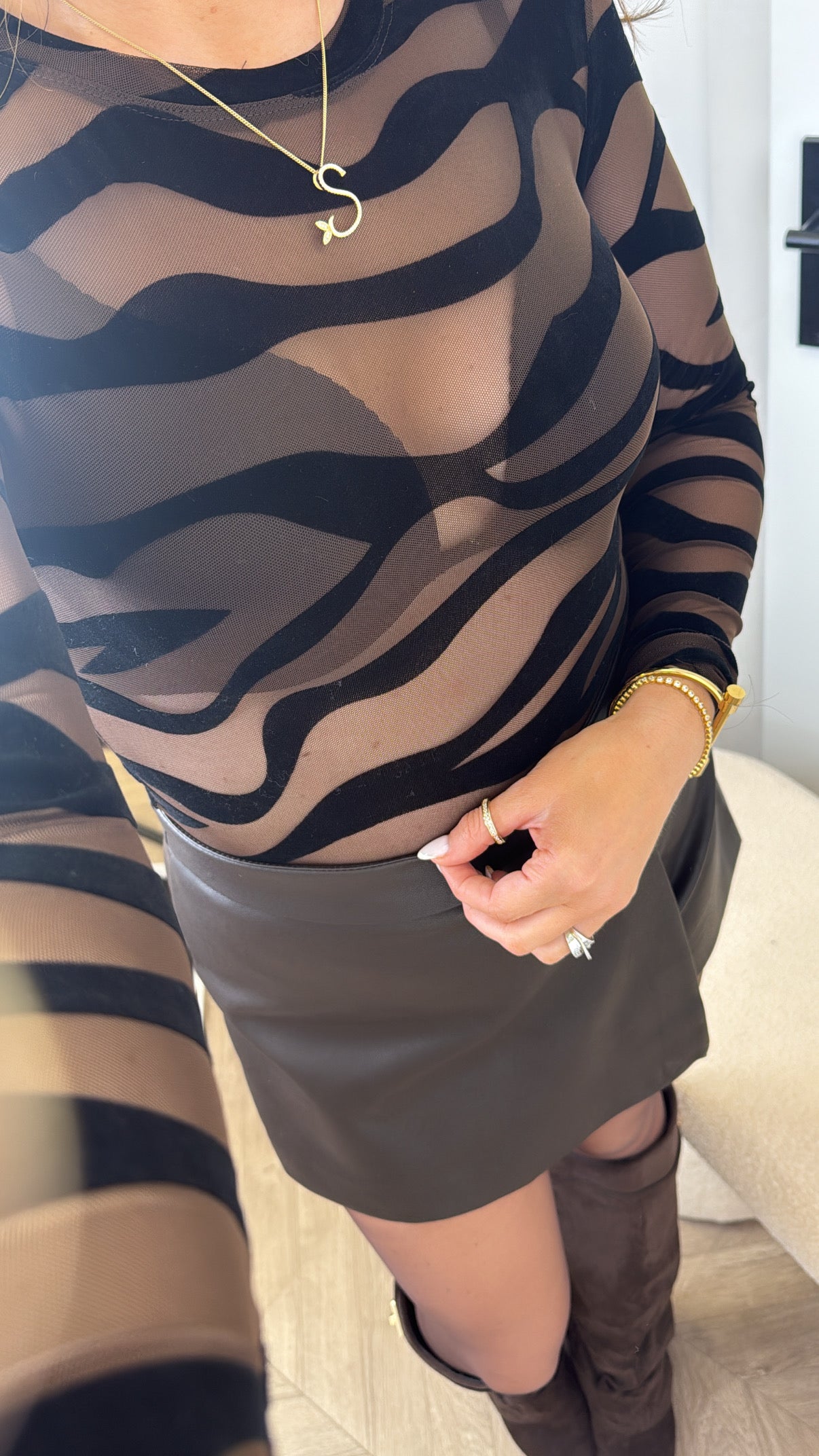 STELLA brown mesh devore print bodysuit