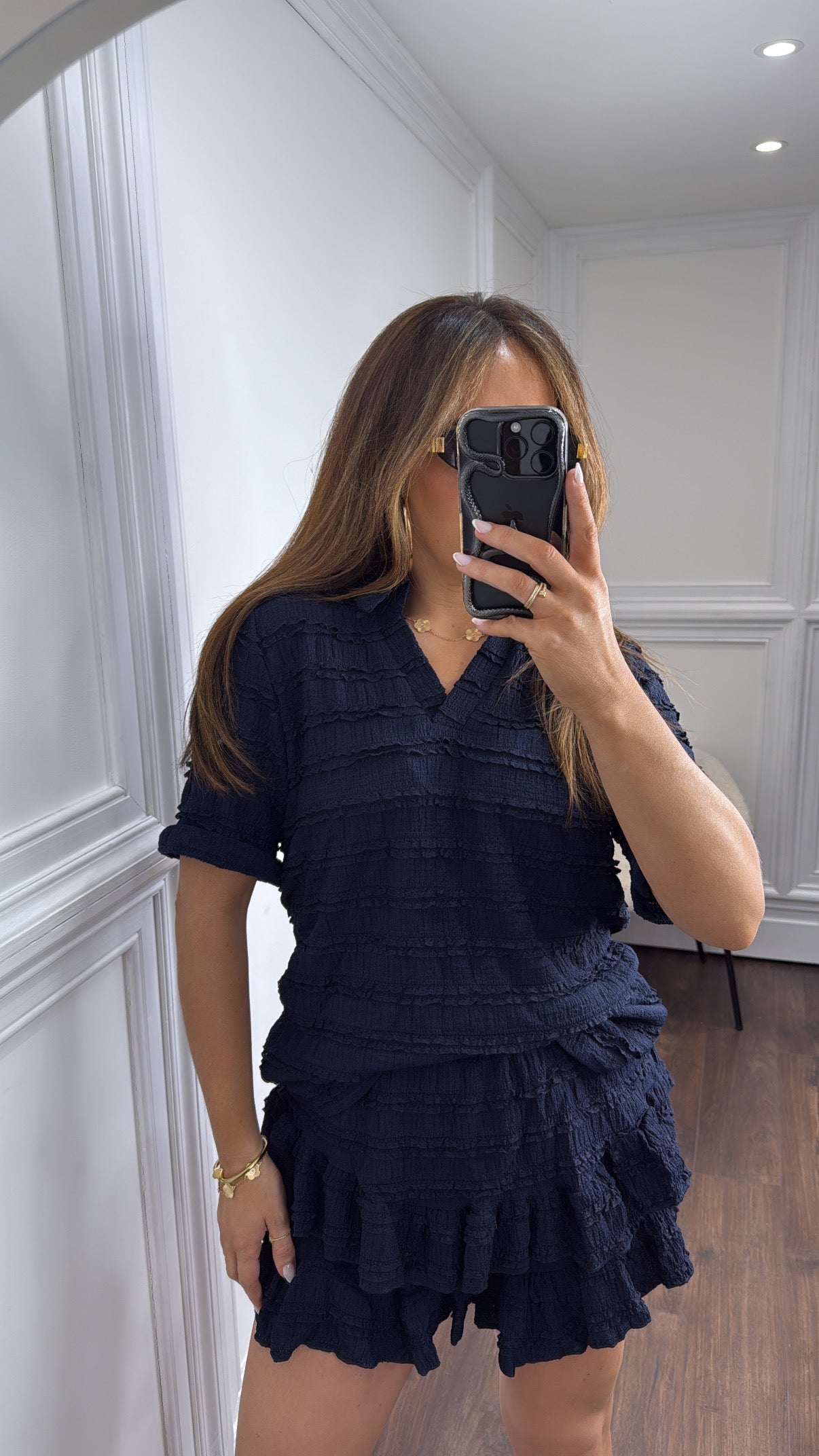 LEXIE navy textured ruffle skort co-ord