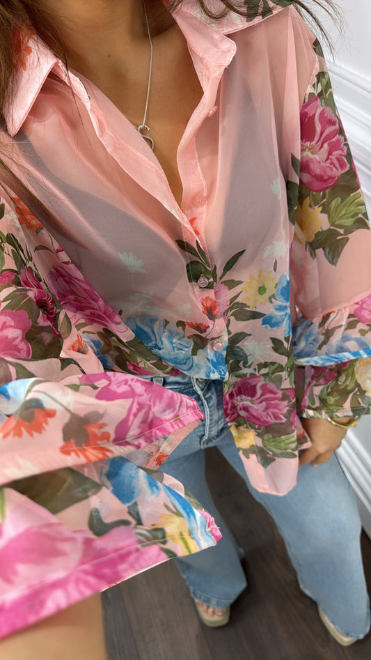 SIENNA pink sheer floral blouse with frill sleeves