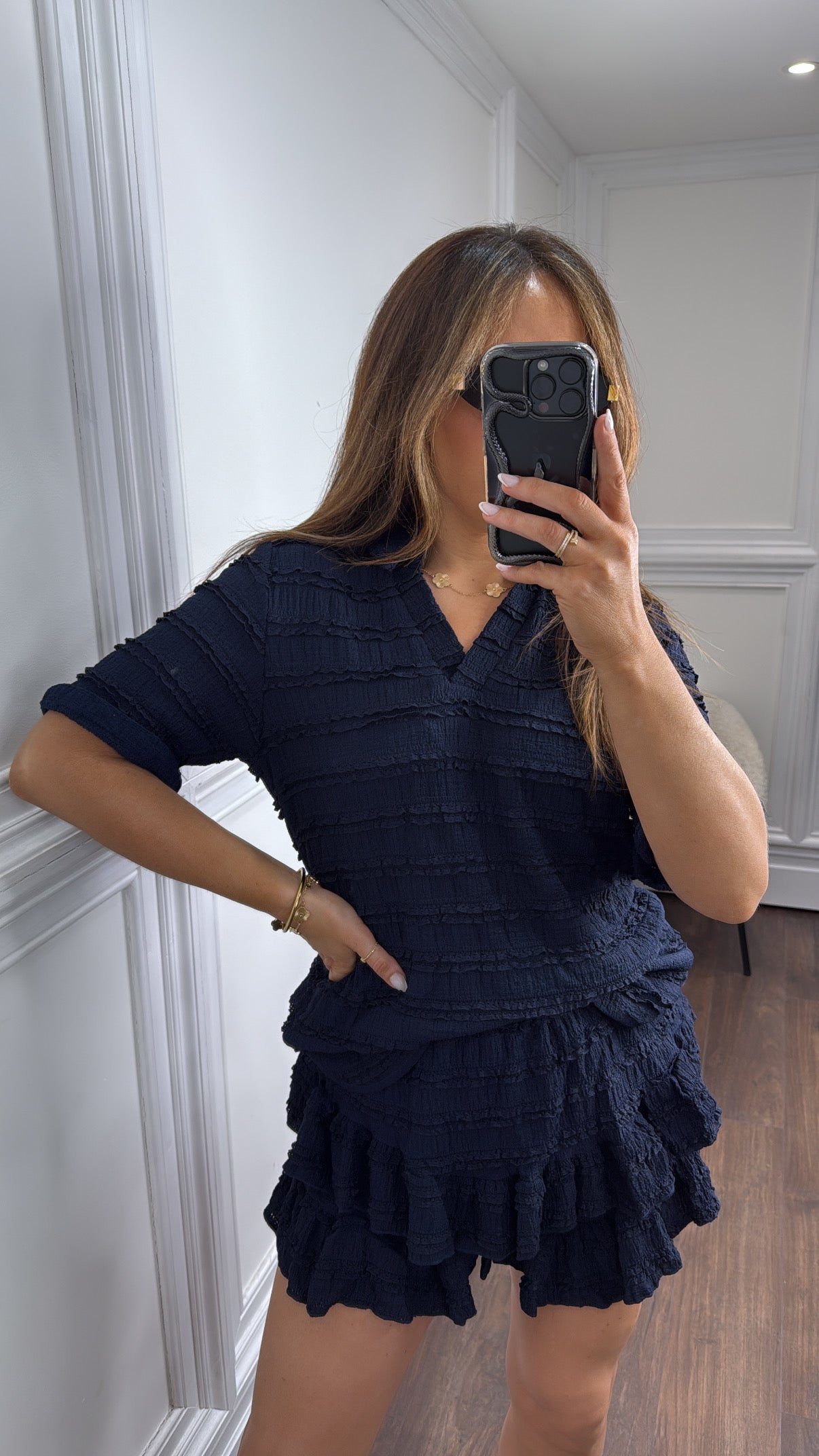 LEXIE navy textured ruffle skort co-ord