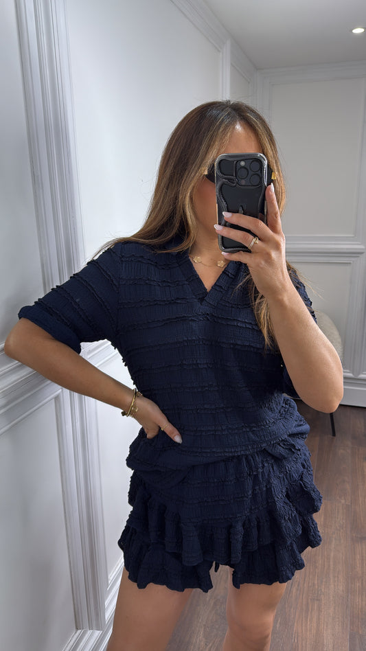 LEXIE navy textured ruffle skort co-ord