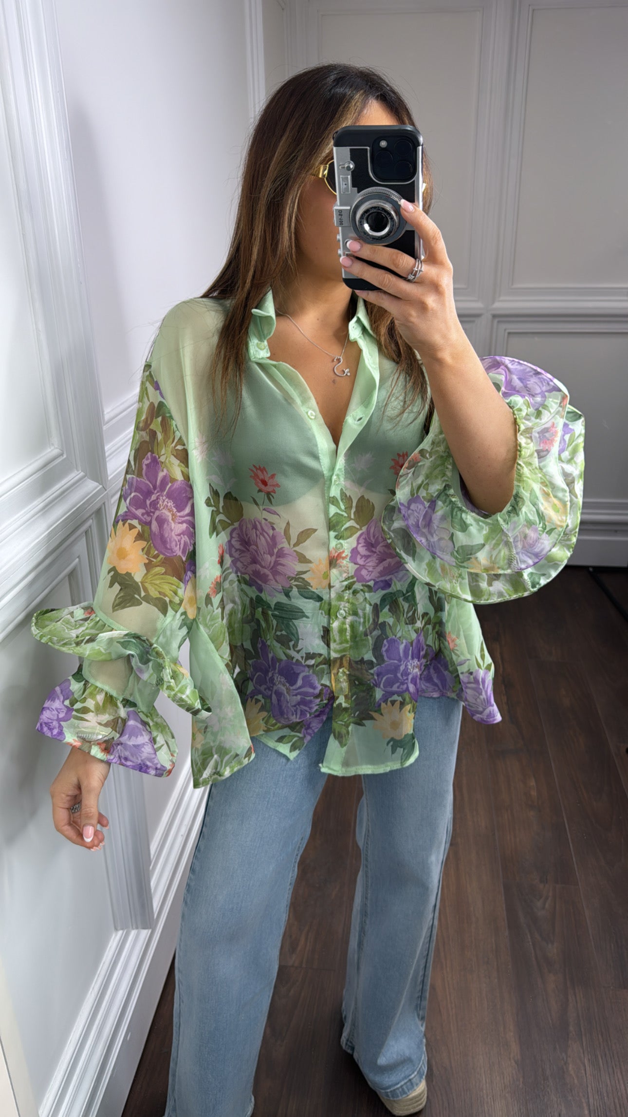 SIENNA green sheer floral blouse with frill sleeves