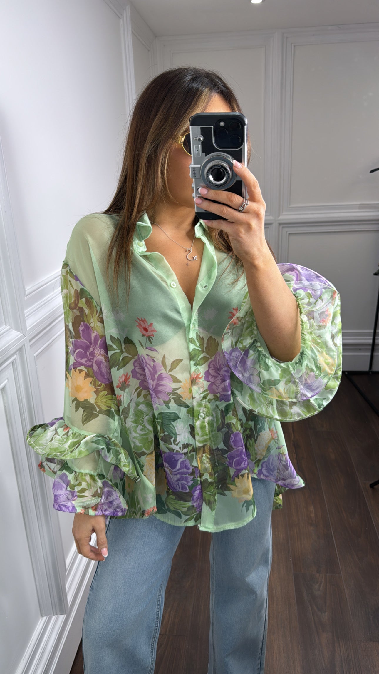 SIENNA green sheer floral blouse with frill sleeves