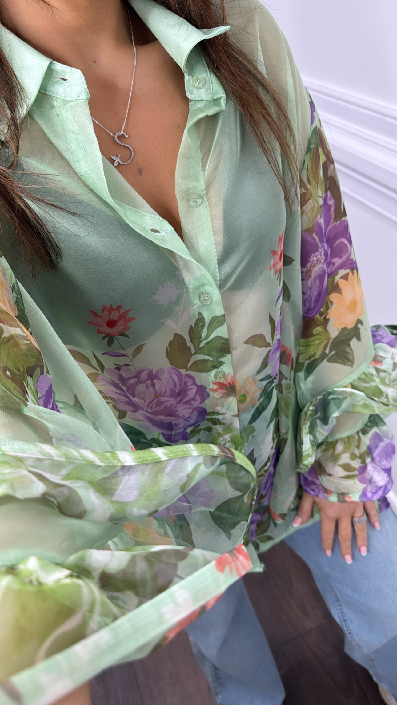 SIENNA green sheer floral blouse with frill sleeves