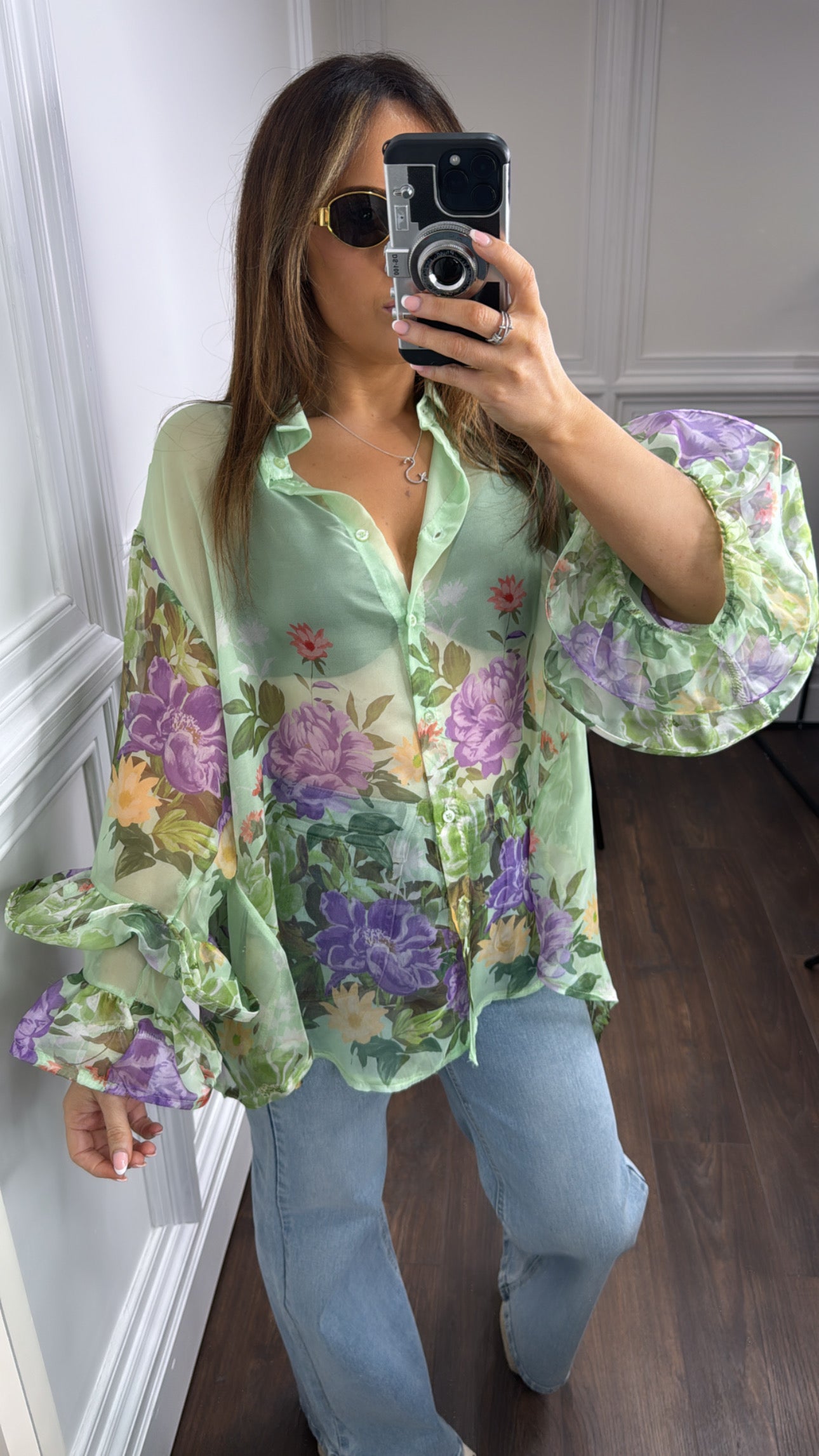 SIENNA green sheer floral blouse with frill sleeves