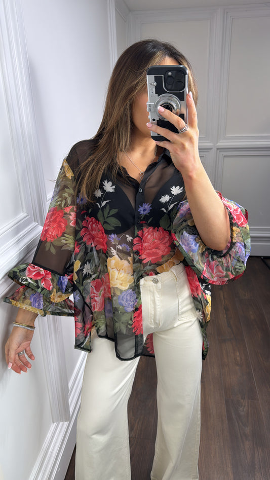 SIENNA black sheer floral blouse with frill sleeves