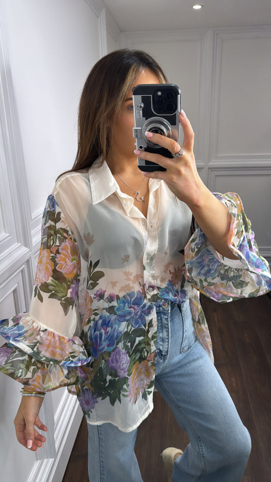 SIENNA cream sheer floral blouse with frill sleeves