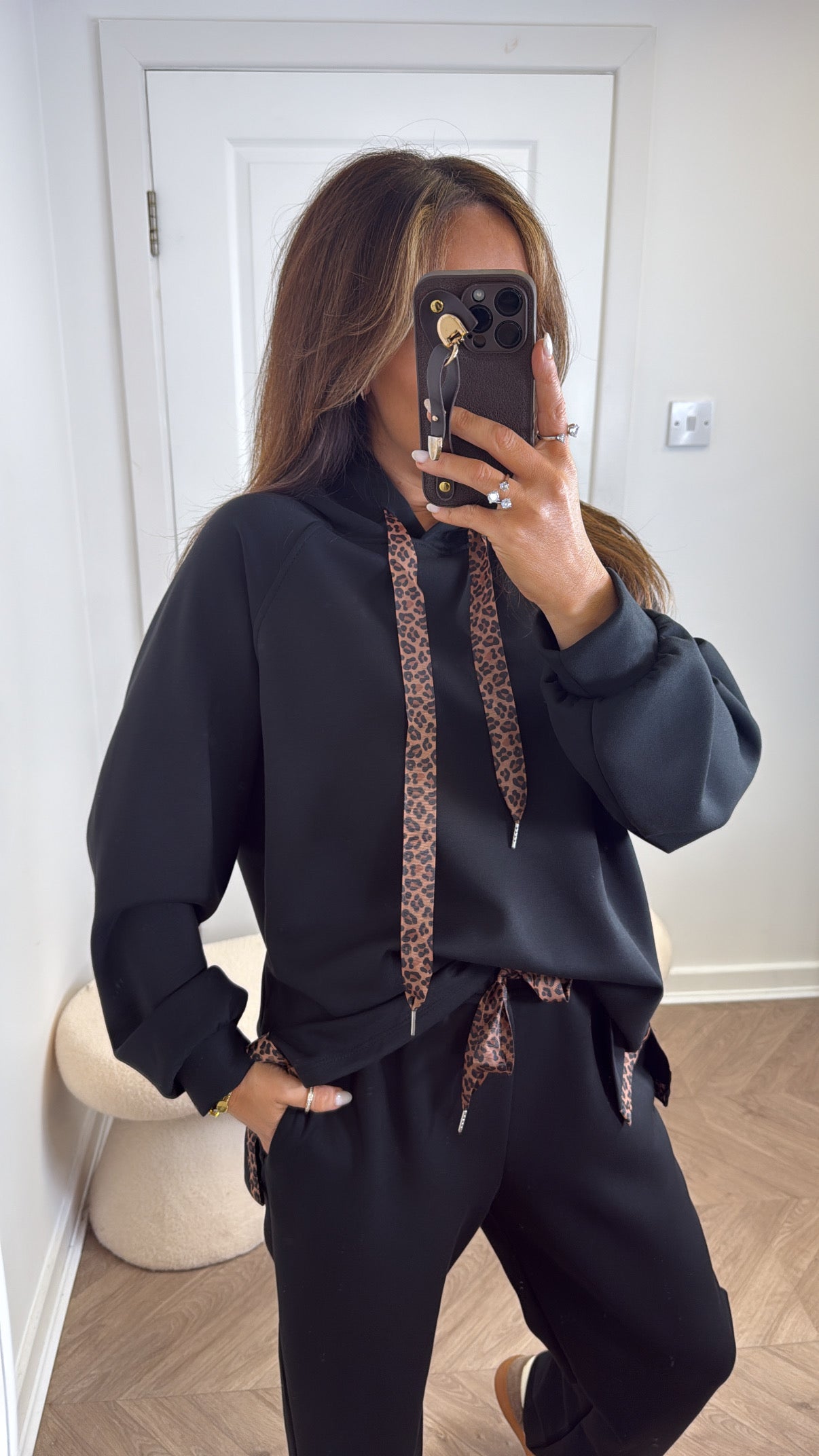 MILA black lounge set with leopard ribbon