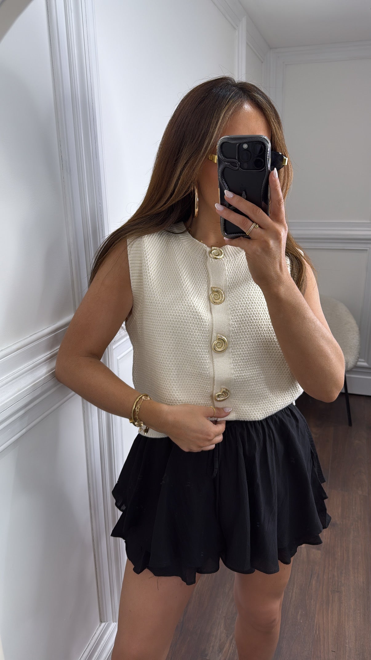 SHELLEY cream sleeveless cardigan with gold shell buttons