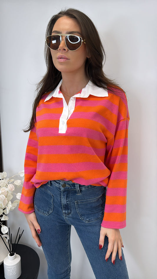 TAYLOR orange and pink stripe long sleeve polo top