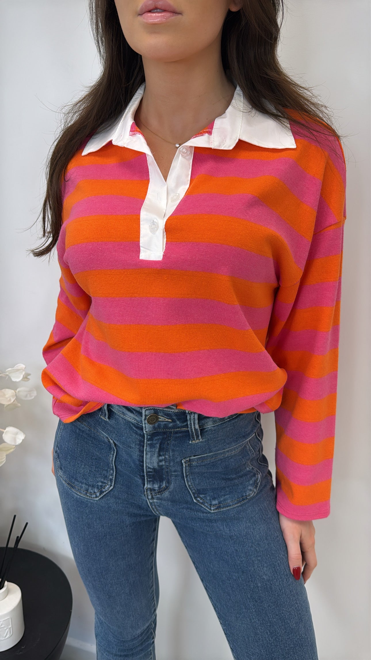 TAYLOR orange and pink stripe long sleeve polo top