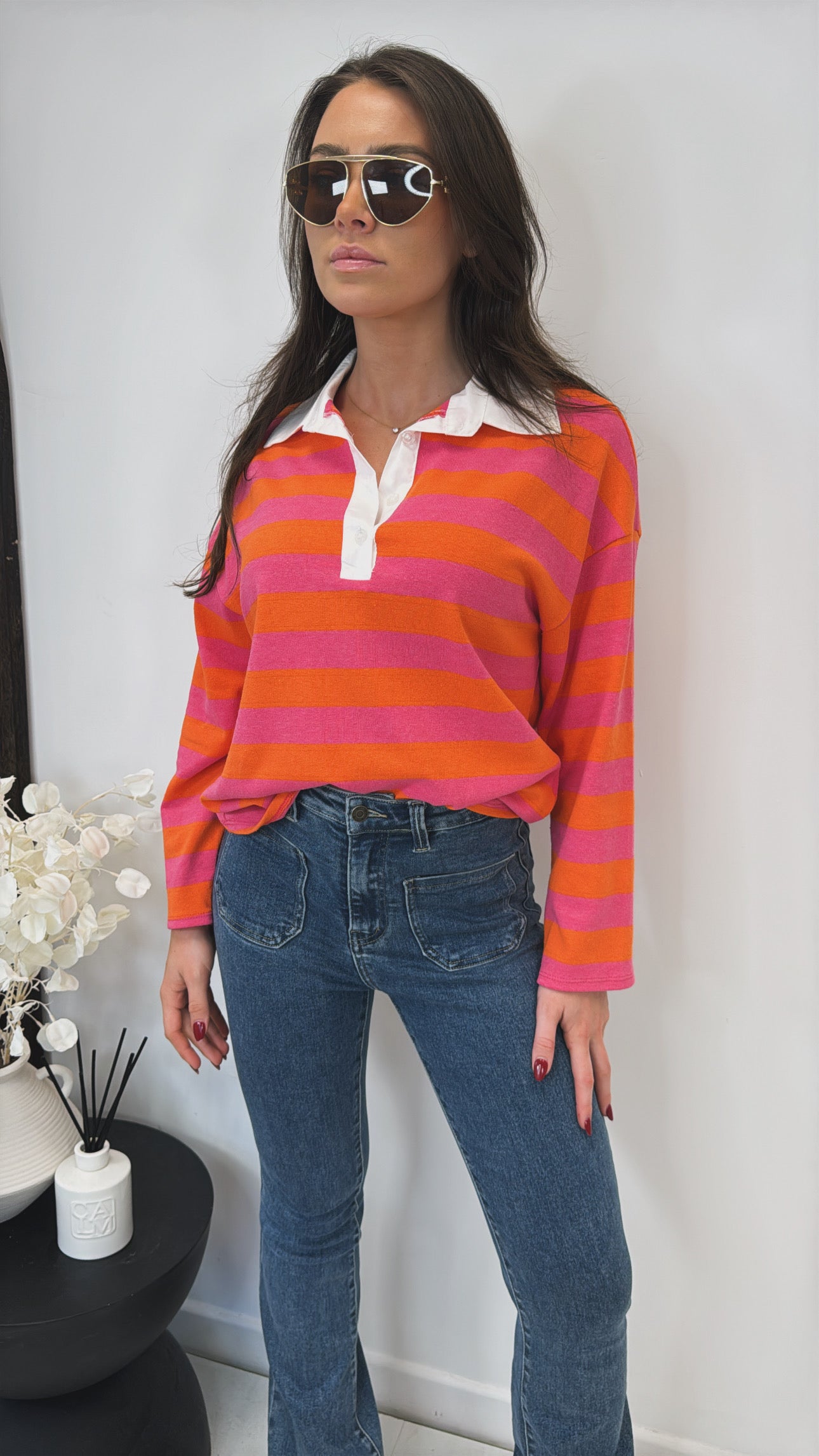 TAYLOR orange and pink stripe long sleeve polo top