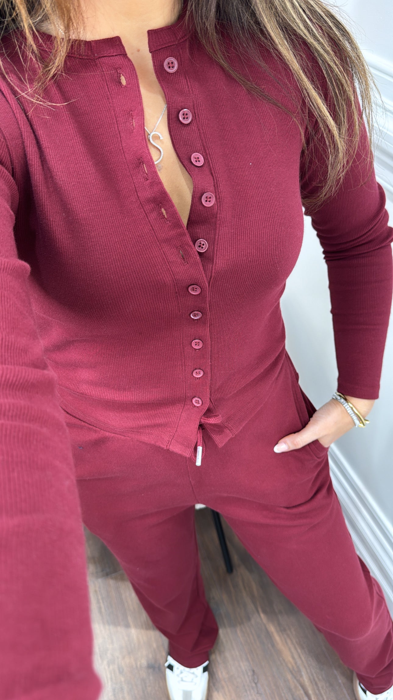 LORNA burgundy ribbed cardigan lounge set