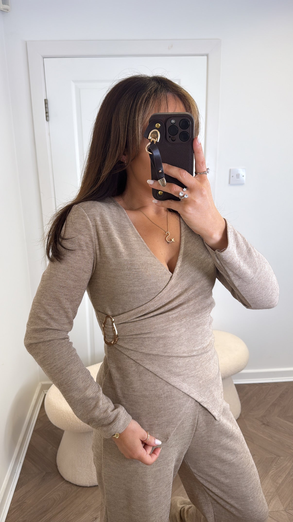 CHARLOTTE beige wrap top and trousers co-ord