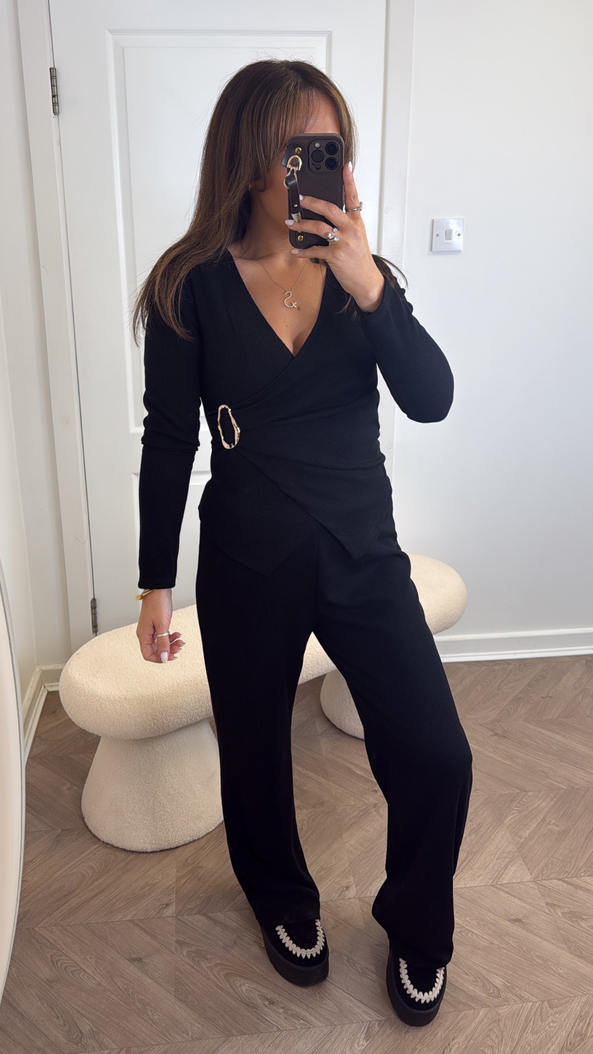 CHARLOTTE black wrap top and trousers co-ord