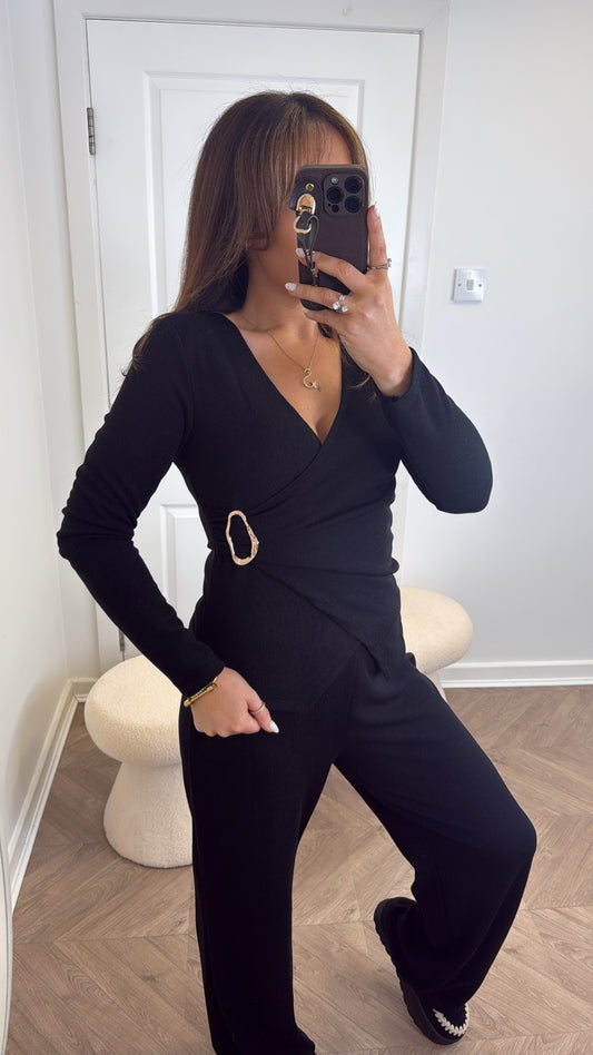 CHARLOTTE black wrap top and trousers co-ord