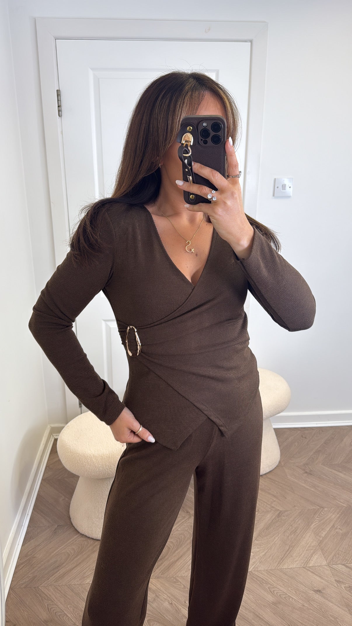 CHARLOTTE brown wrap top and trousers co-ord