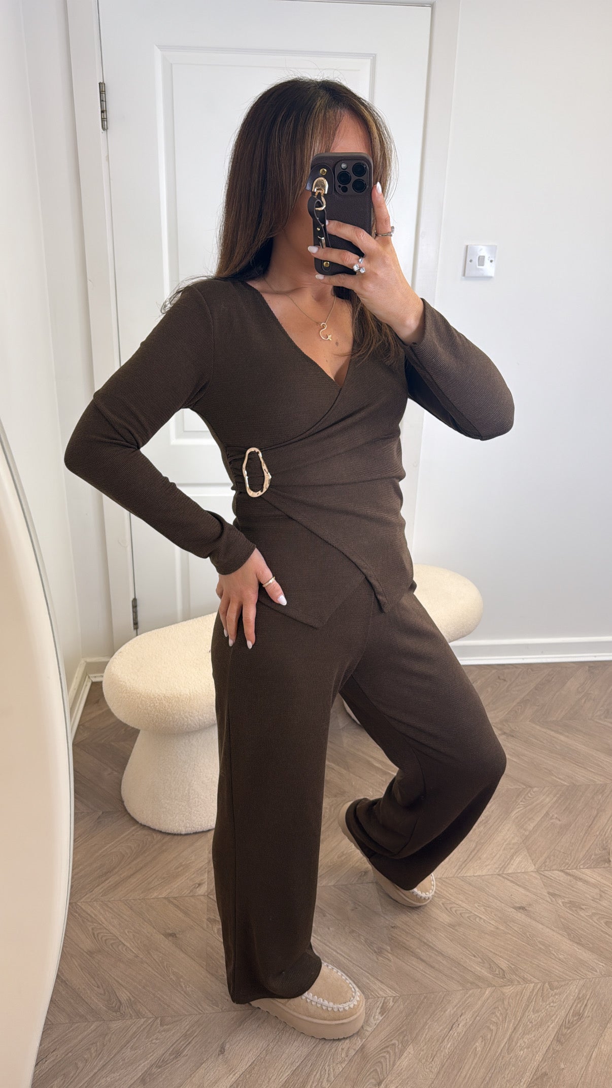 CHARLOTTE brown wrap top and trousers co-ord