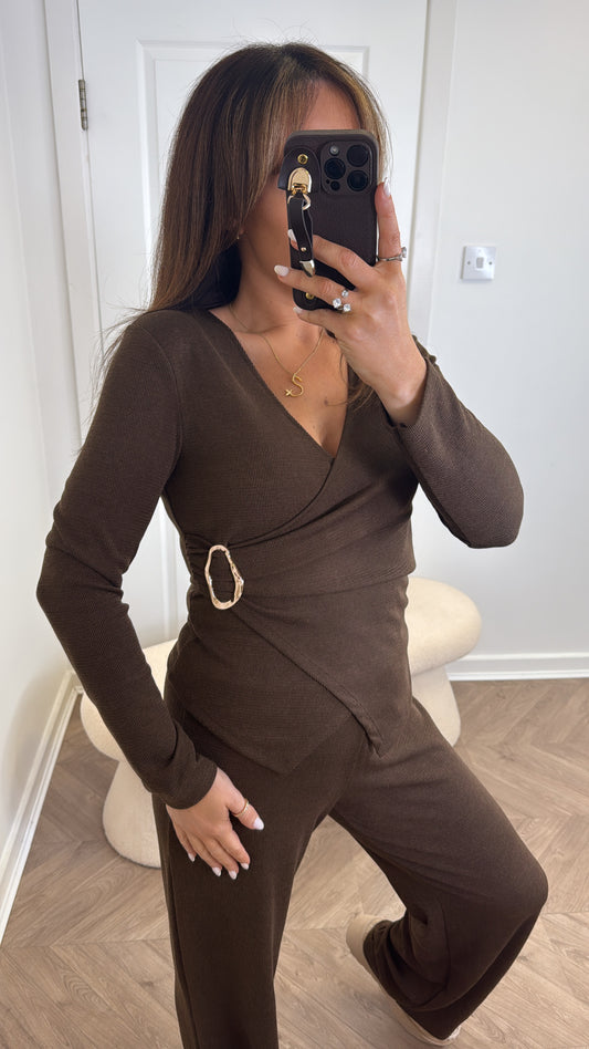 CHARLOTTE brown wrap top and trousers co-ord