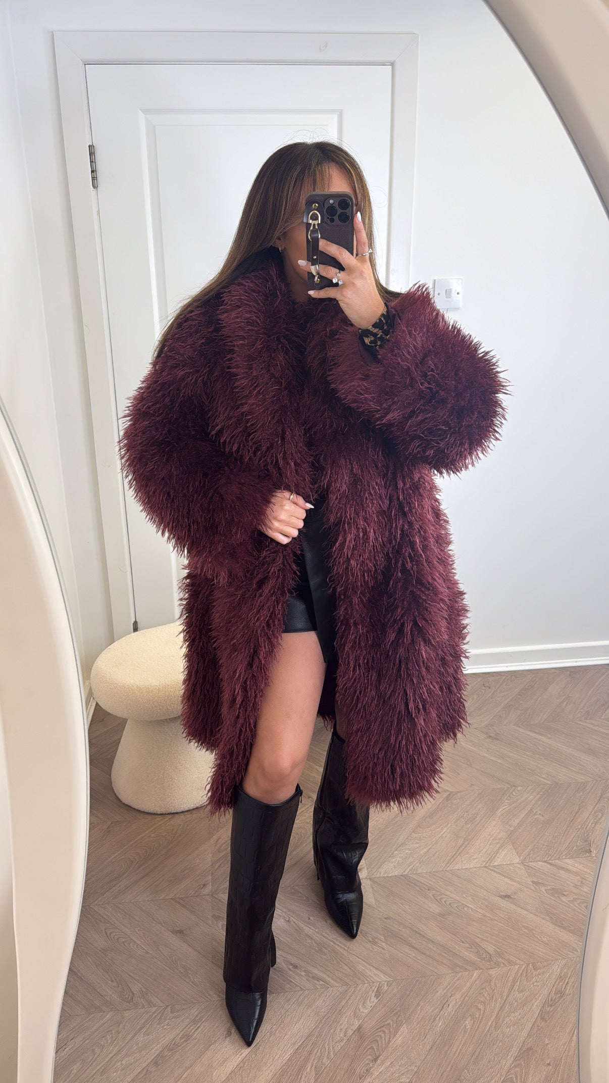 KHLOE burgundy oversize long faux fur coat