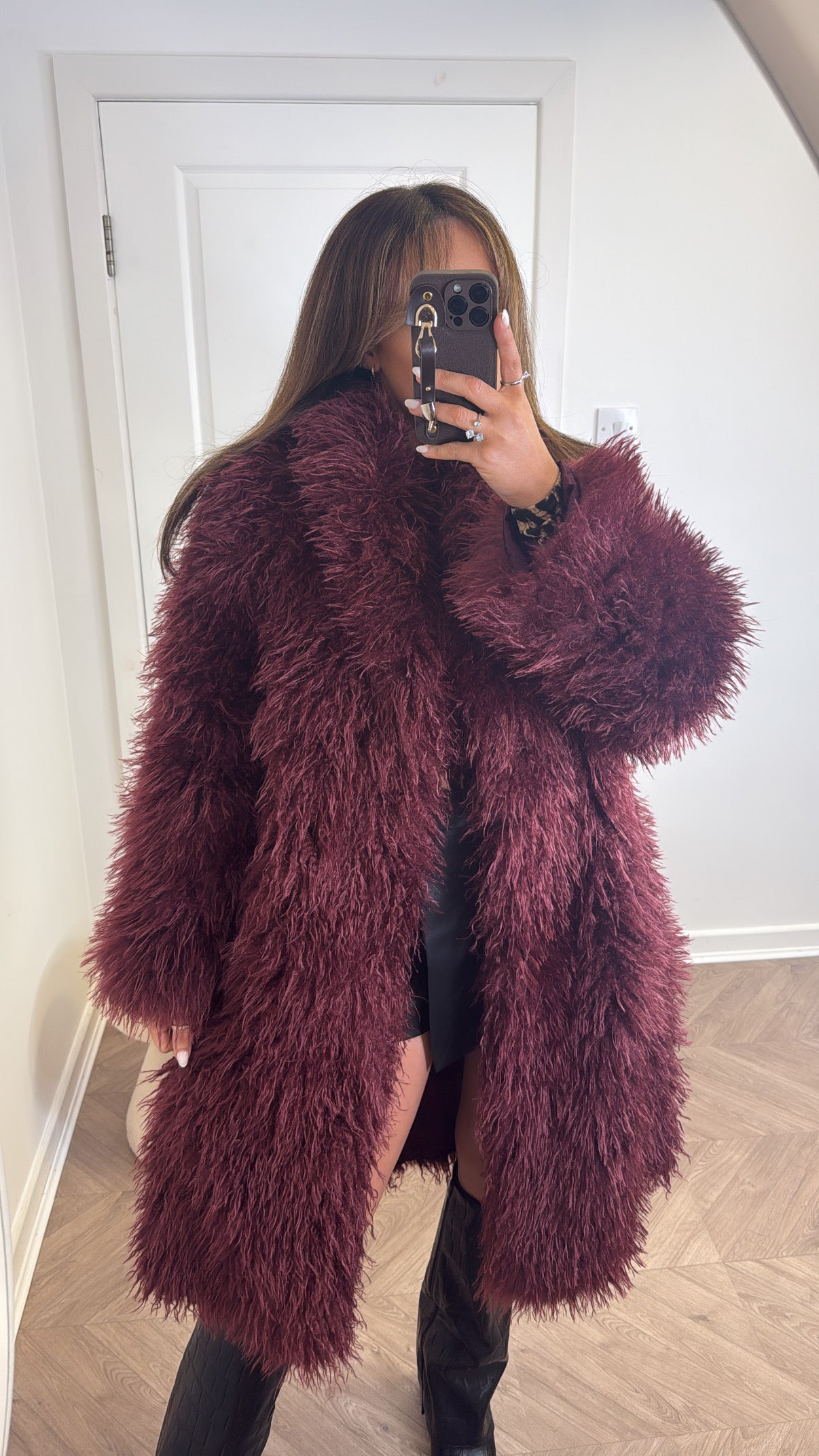 KHLOE burgundy oversize long faux fur coat