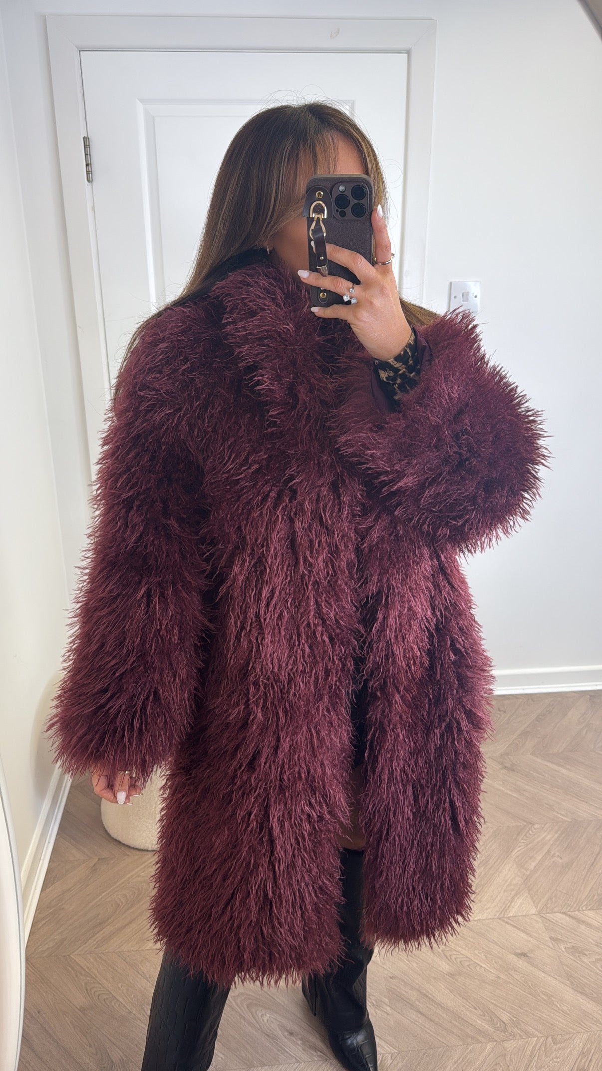 KHLOE burgundy oversize long faux fur coat