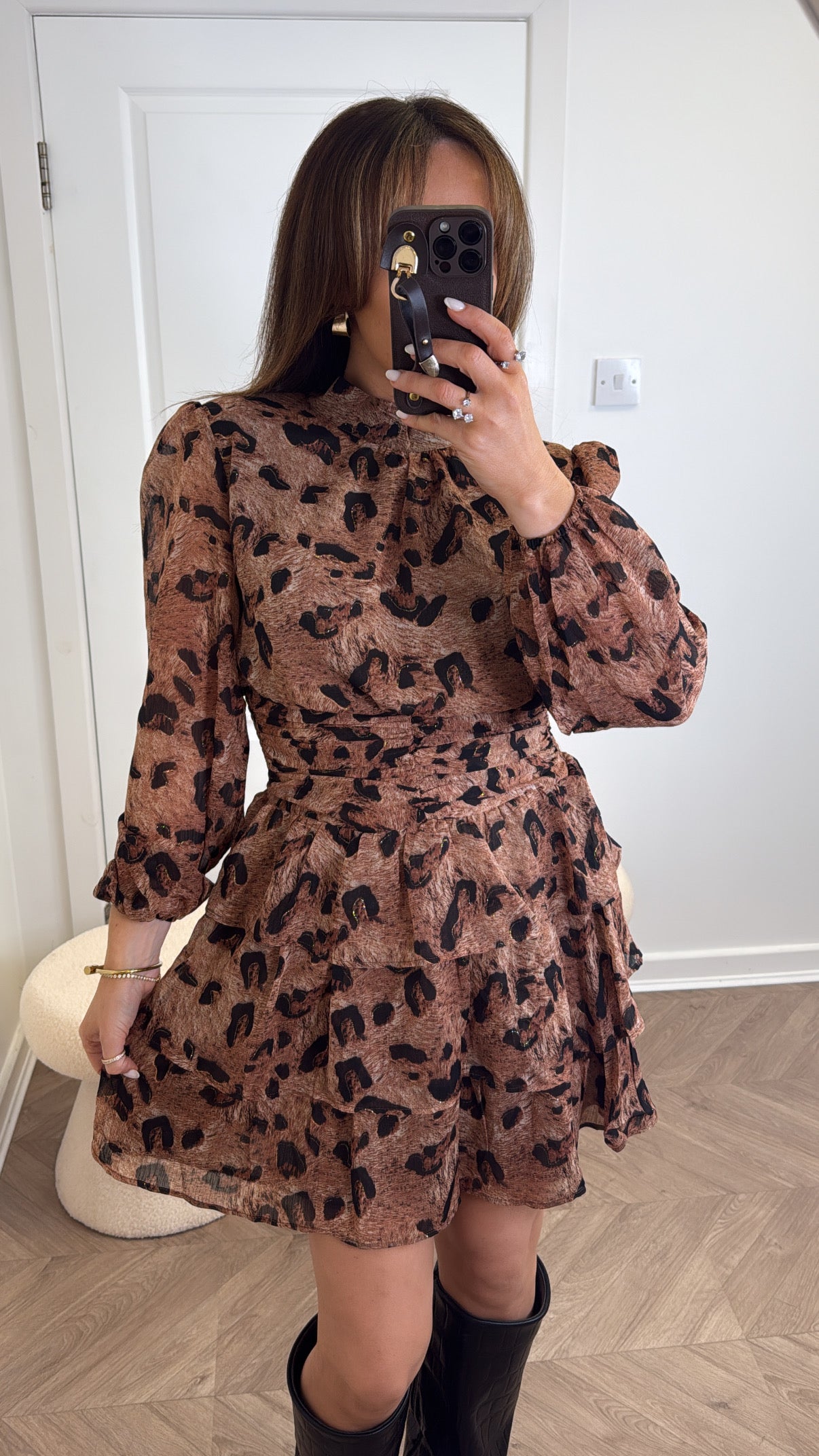 HANNAH brown leopard print ruffle long sleeve dress