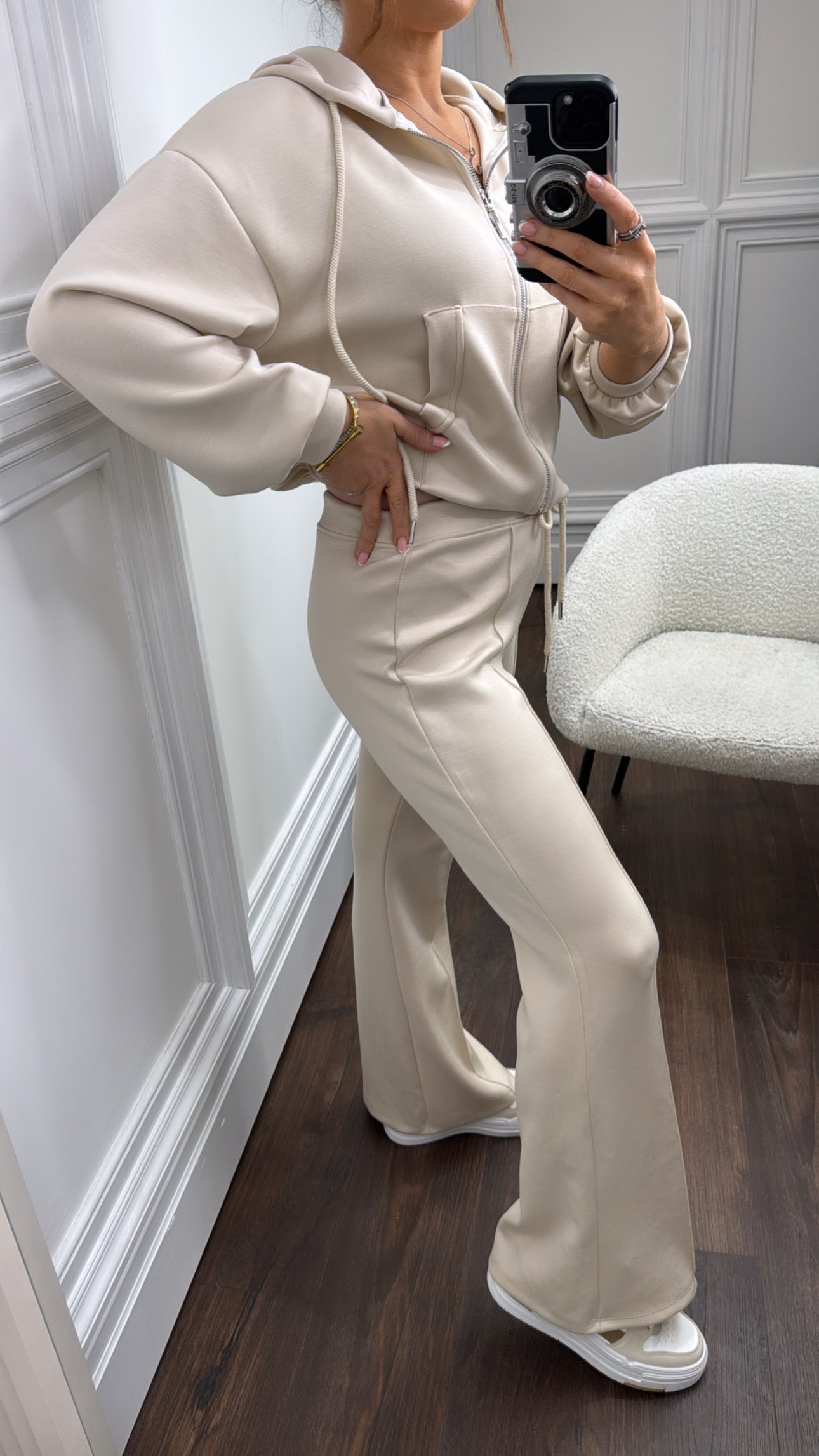 CORA cream zip hooded jacket and wide leg open seam pants tracksuit