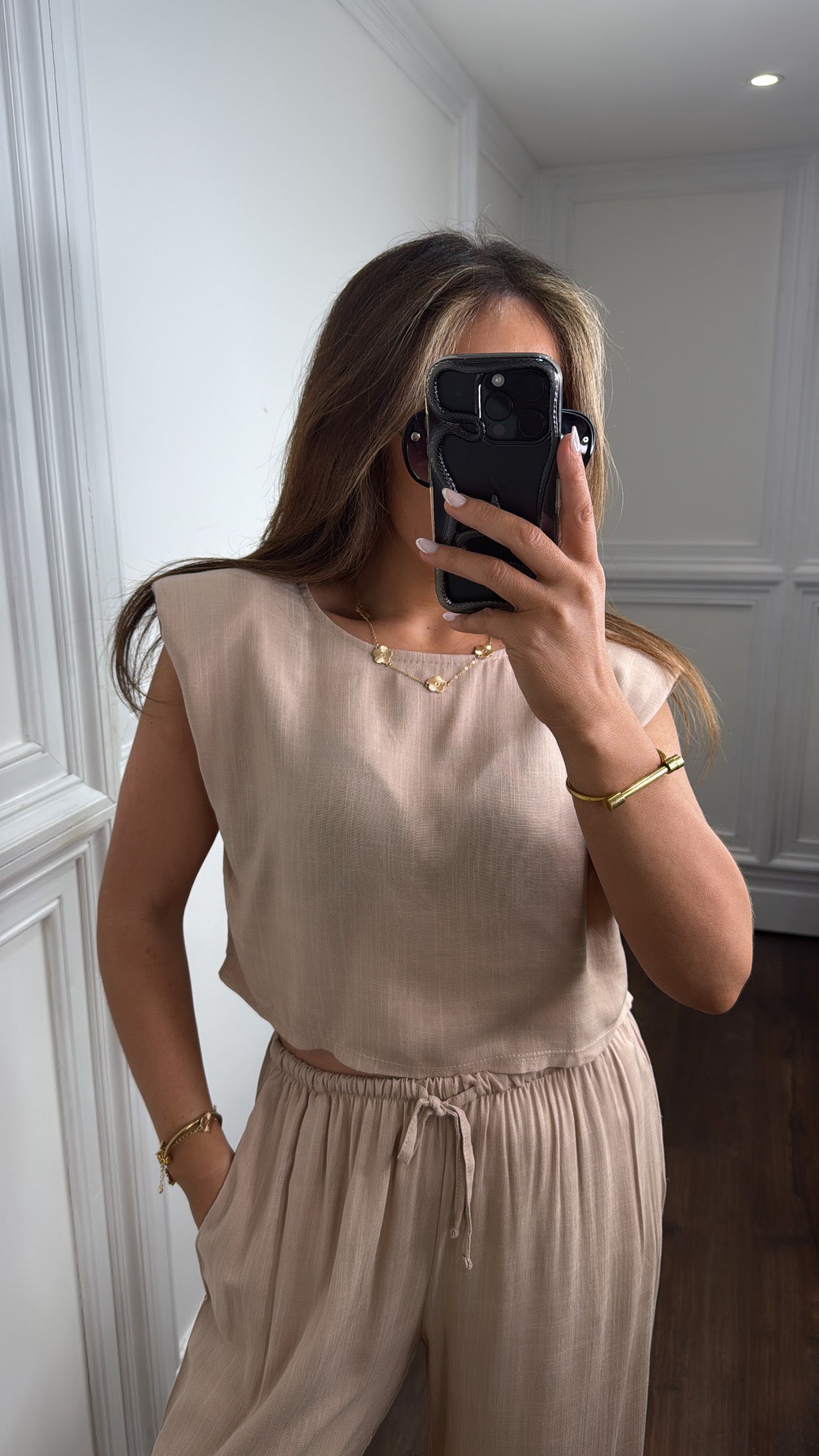 LEONI beige shoulder pad top and trousers co-ord