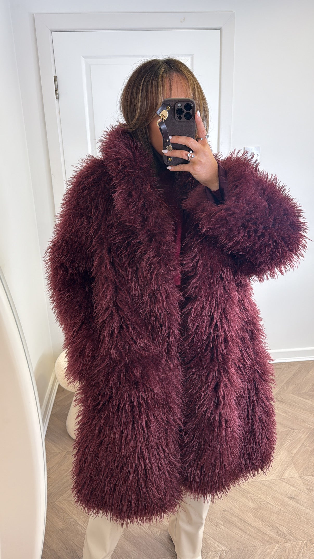 KHLOE burgundy oversize long faux fur coat