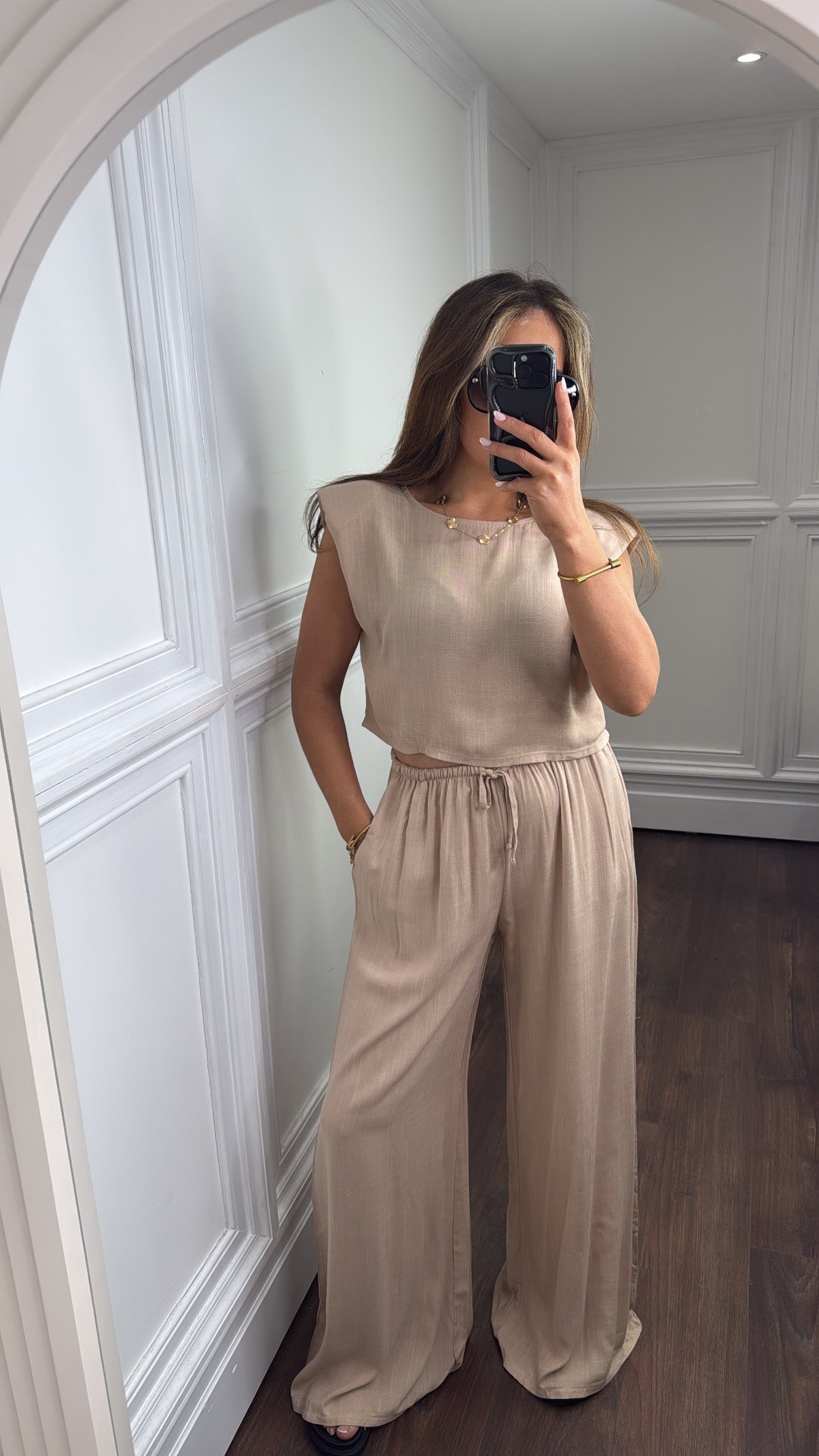 LEONI beige shoulder pad top and trousers co-ord