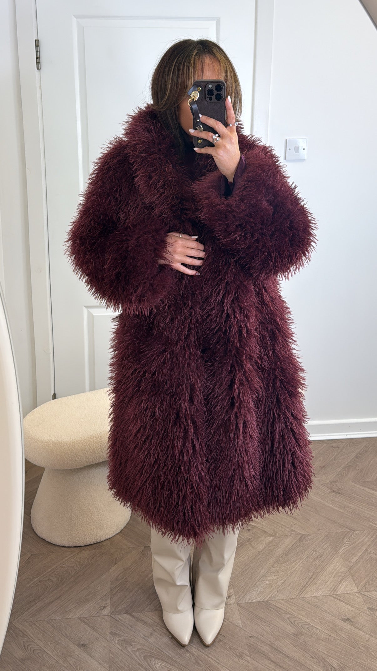 KHLOE burgundy oversize long faux fur coat