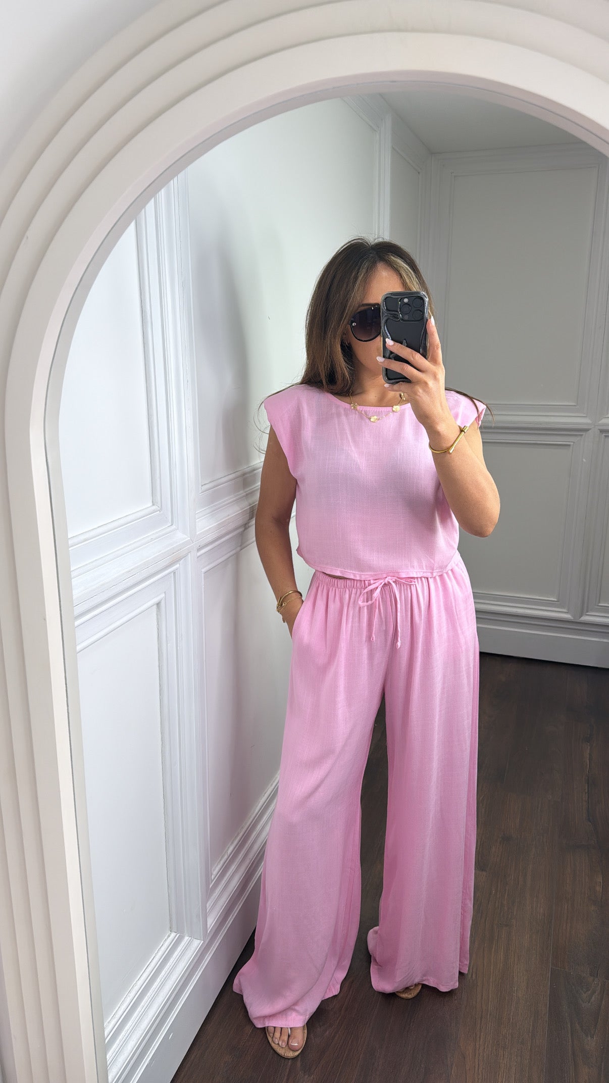 LEONI pink shoulder pad top and trousers co-ord