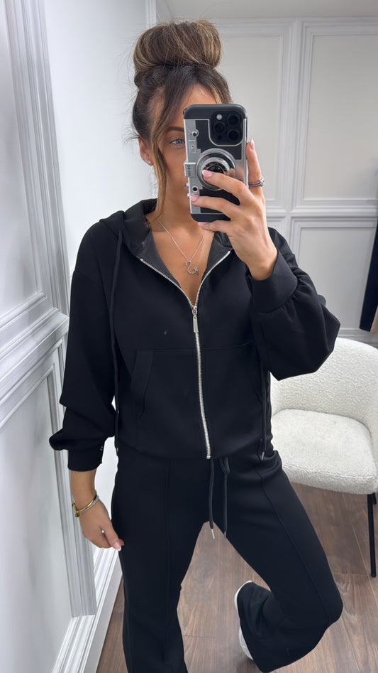 CORA black zip hooded jacket and wide leg open seam pants tracksuit