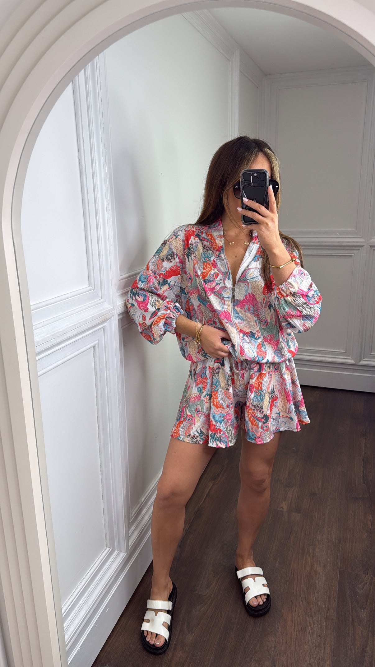 PARROT PRINT pink zip jacket and shorts co-ord